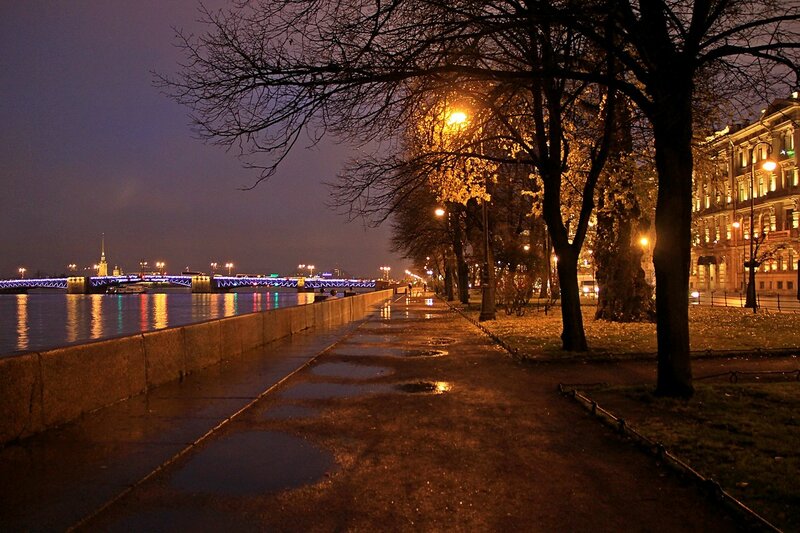 Ночная осенняя аллея на Адмиралтейской набережной в Санкт-Петербурге и вид на Дворцовый мост.