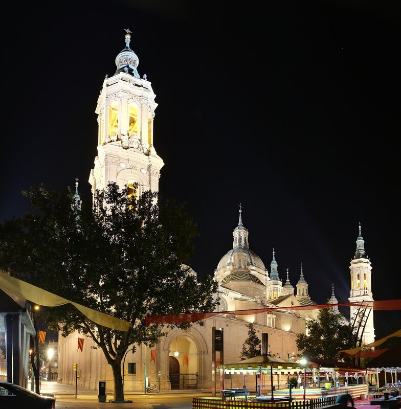 Zaragoza. The Cathedral of the virgin Pilar at night. The view from the waterfront.