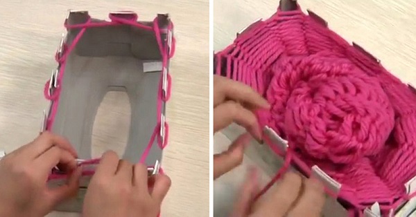 Вязание стильного шарфа при помощи коробки (3 фото)