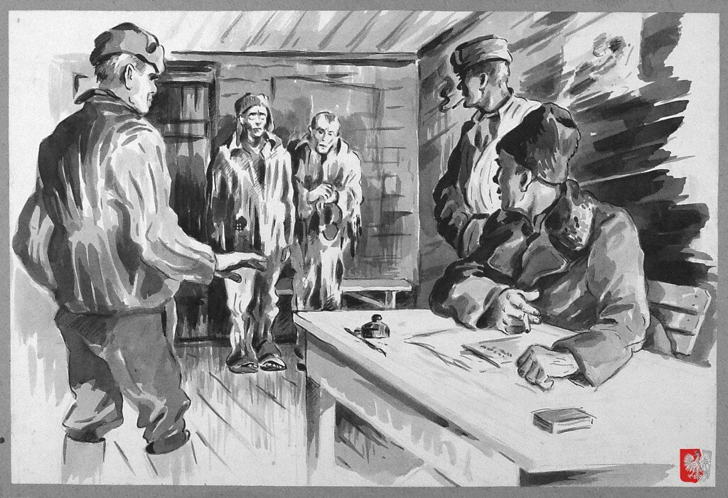 Непокорные заключенные на допросе в комендатуре трудового лагеря