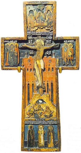 Икона-крест с изображениями: Распятие с предстоящими ; Ветхозаветная Троица ; Избранные святые