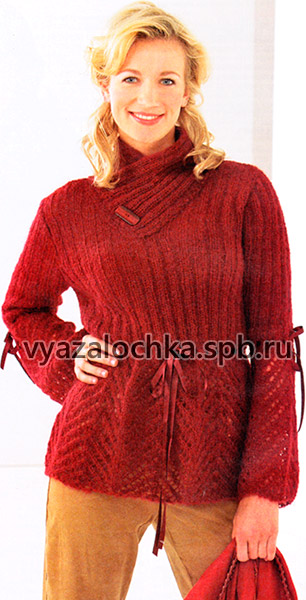 Красный мохеровый пуловер спицами