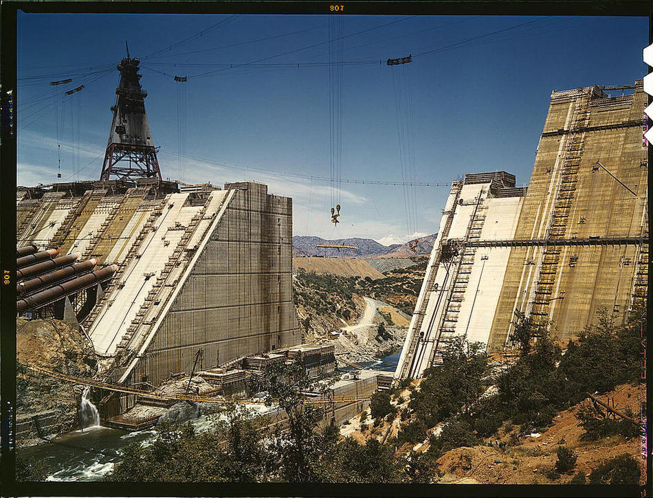 Shasta dam under construction. California, June 1942. Reproduction from color slide. Photo by Russell Lee. Prints and Photographs Division, Library of Congress
