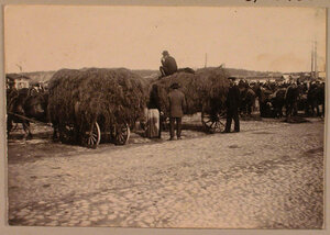 Местные жители у телег с сеном, привезенных для продажи на рынок.