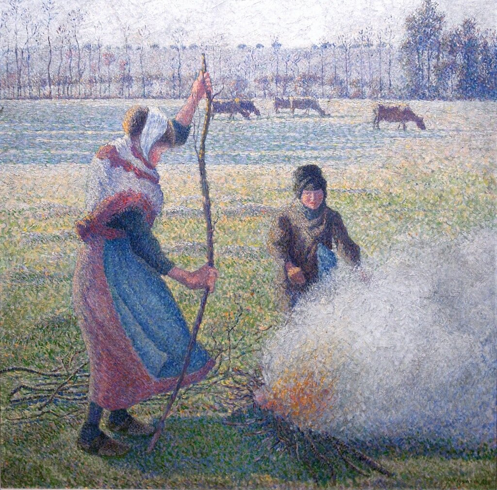 Young Peasant Girl Lighting a Fire. 1887-1888, by Camille Pissarro(1830-1903).<br /> The technique of this painting is extremely complex, made up of highly elaborate, tiny comma-shaped strokes placed close together, one on top of the other, in thick paint with