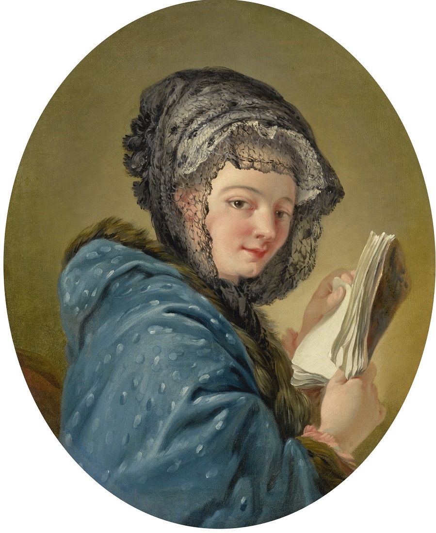 A YOUNG WOMAN, SAID TO BE MADAME DESHAYS, TURNING TOWARDS THE VIEWER AND HOLDING A BOOK.