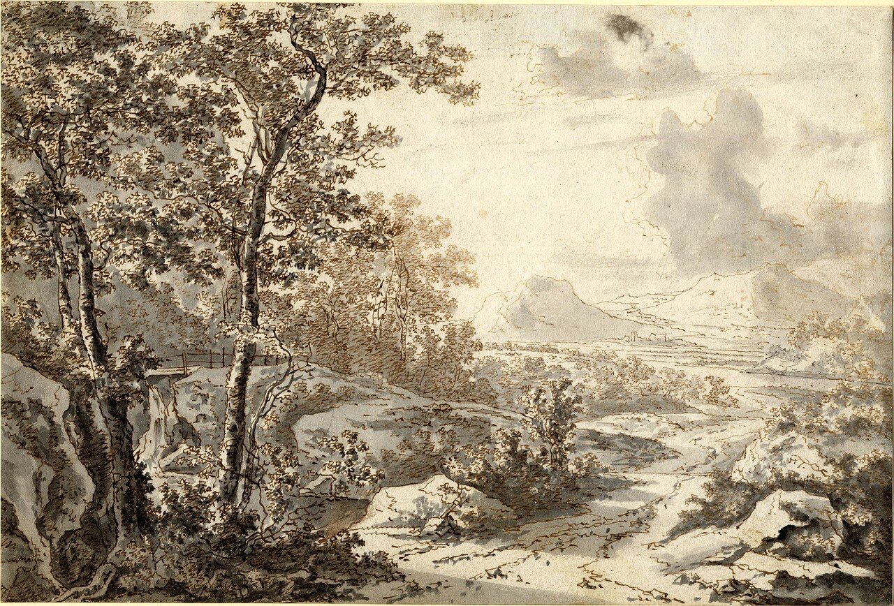 Пейзаж с дорогой, ведущей к реке и дальним холмам (1633-1652) (197 х 292 мм) (Лондон, Британский музей) (перо и коричневые чернила, размывка серым).jpg