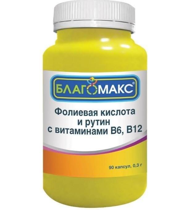 Благомакс фолиевая кислота и рутин с вит. в6, в12 капс. 0.3г n90 россия
