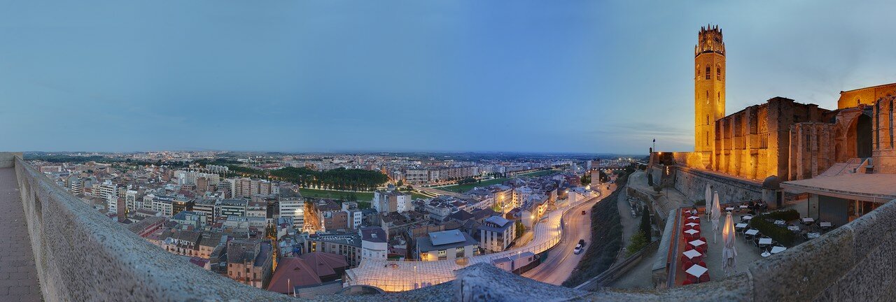 Evening Lleida. Panorama of the city and the seu Vella Cathedral from the Eastern Bastion