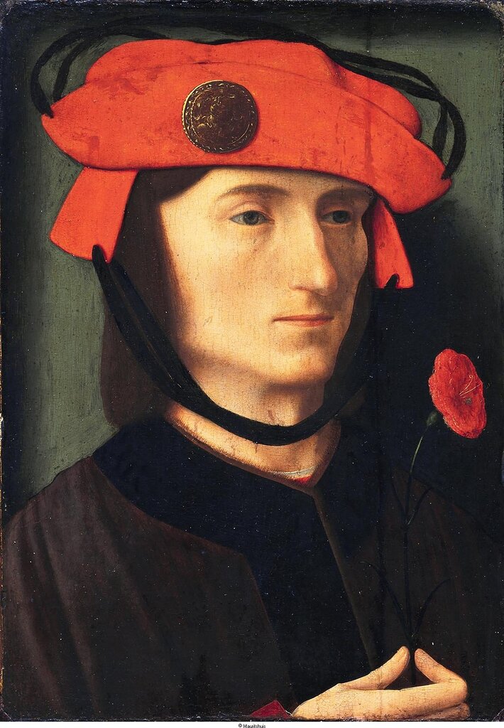 Meester van het Brandon portret - Портрет мужчины с медалью Самсона на фуражке, ок. 1515, 33,8 cm x 24,4 cm, Дерево, масло.jpg