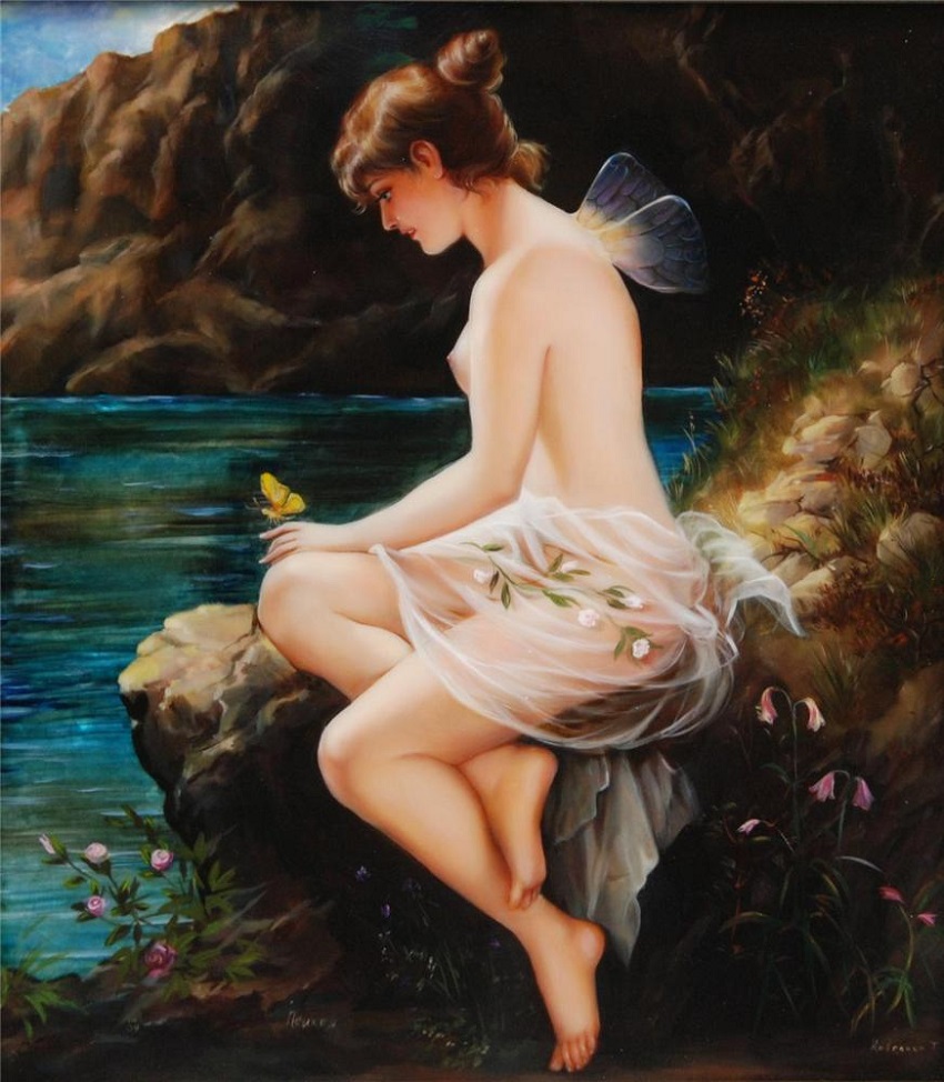 Tatiana Kovgenko (RUSSIAN, 20th century) hand painted plaque depicting nymph Psyche as she longs for cupid after the original work by Wilhelm Kray (GERMAN,1828–1889). Signed lower right