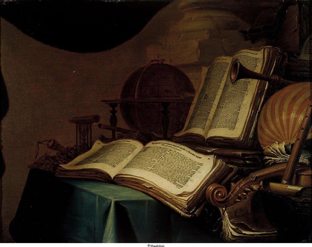 Vermeulen, Jan - Натюрморт с книгами, глобусом и музыкальными инструментами, ок. 1660, 30 cm x 38,5 cm, Дерево, масло.jpg