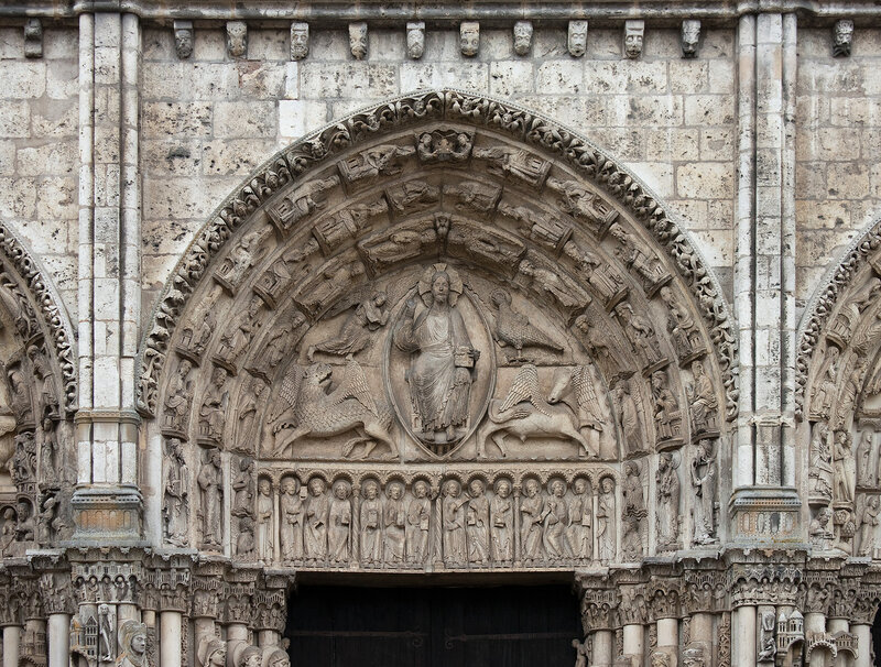 Tympanum of the central bay of the Royal Portal of the cathedral of Chartres, France.