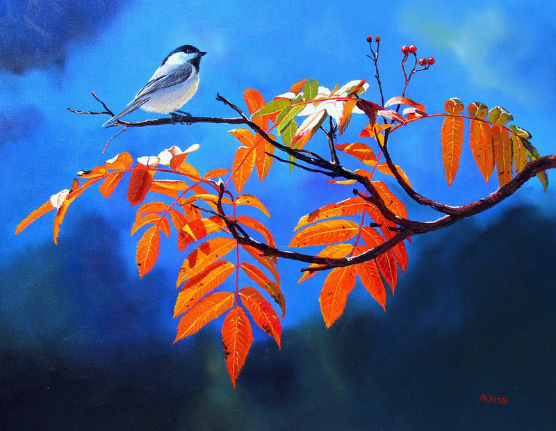 Синяя птица рябины цвет. Эндрю Кисс художник пейзажи. Птицы осенью. Птица на ветке осень. Птицы на осенних ветках.