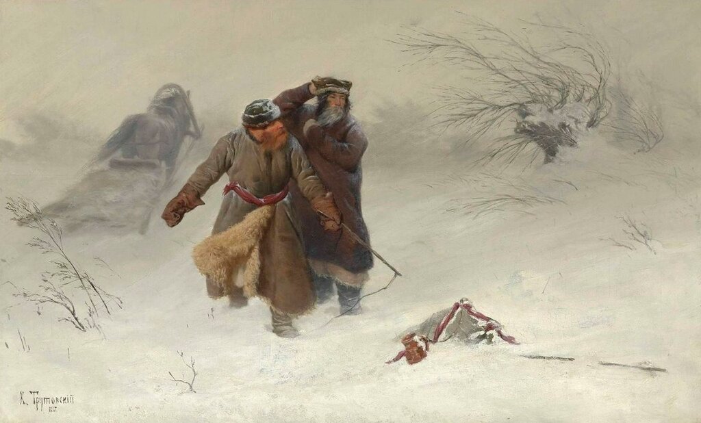 _Konstantin Trutovskii (1826-1893). The snowstorm . Oil on canvas  .55.5 x 91.1 cm.1887 В метель.JPG
