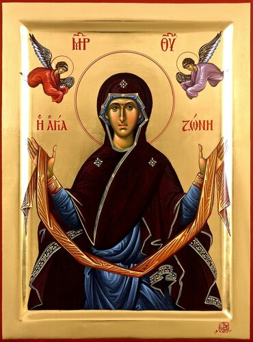Пресвятая Богородица со Своим Поясом в руках. Иконы написаны в монастыре Ватопед на Святой Горе Афон.