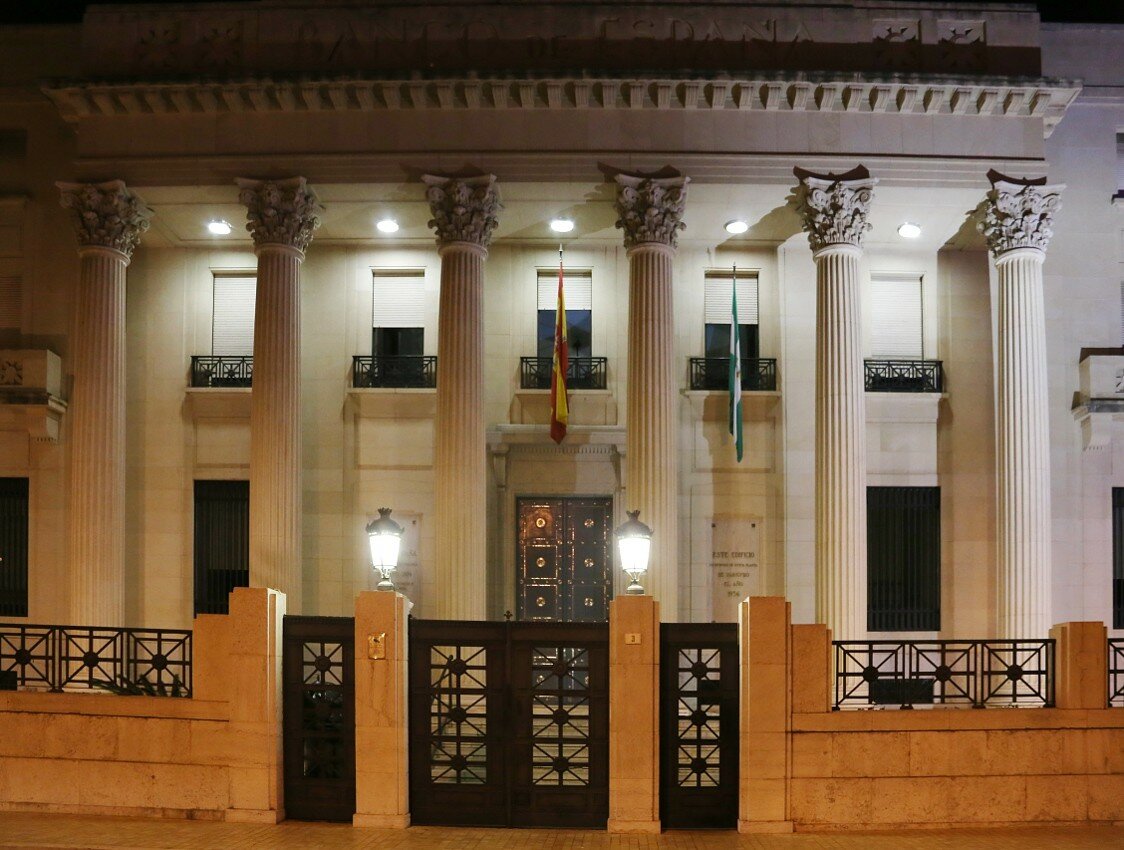 Night Malaga. Bank Of Spain Building