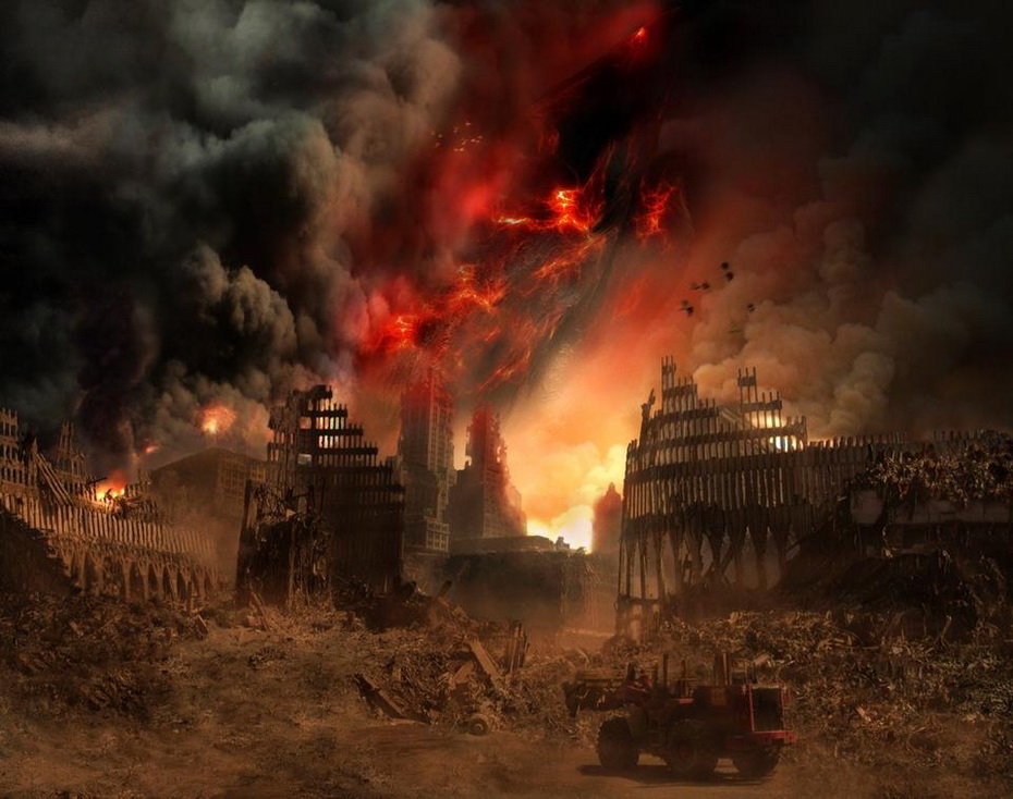 Конец света продолжение. Город в огне. Земля после ядерной войны. Руины в огне.