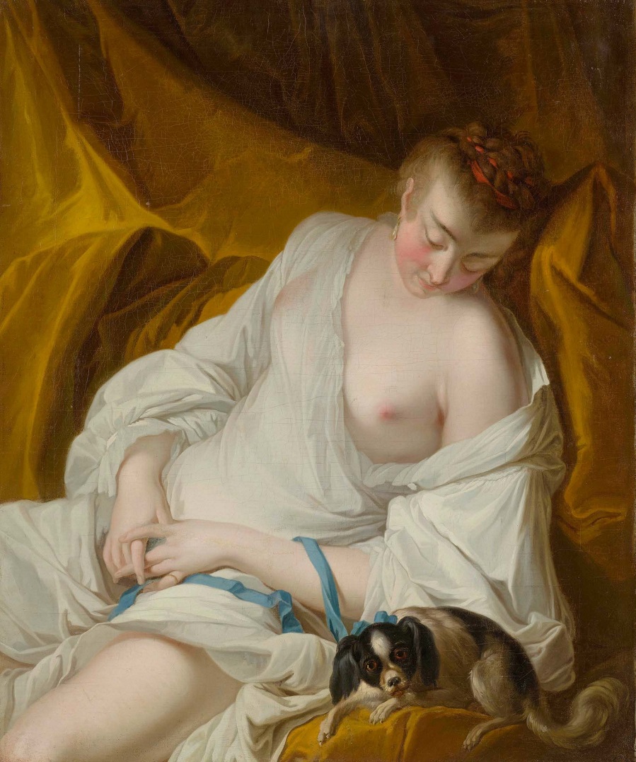 Schlafende Frau mit einem Hund.