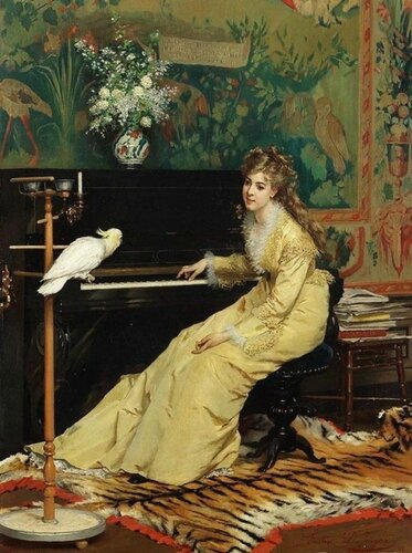 Gustave-Leonard de Jonghe Woman at the piano with сockatoo