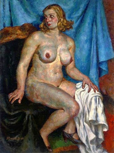 Pavel Petrovich Sokolov-Skalya - Nude In Blue - The Artist's Wife