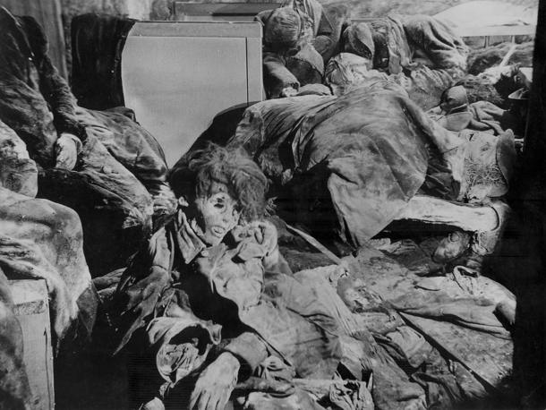 Dead bodies are pictured inside a so-called 'Bombenkeller' in the John street in this undated handout photo taken after 1945 in Dresden