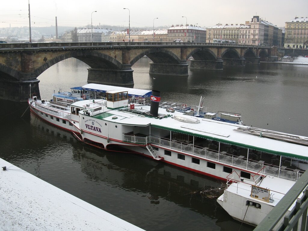Rašínovo embankment. Tourist boats in winter parking