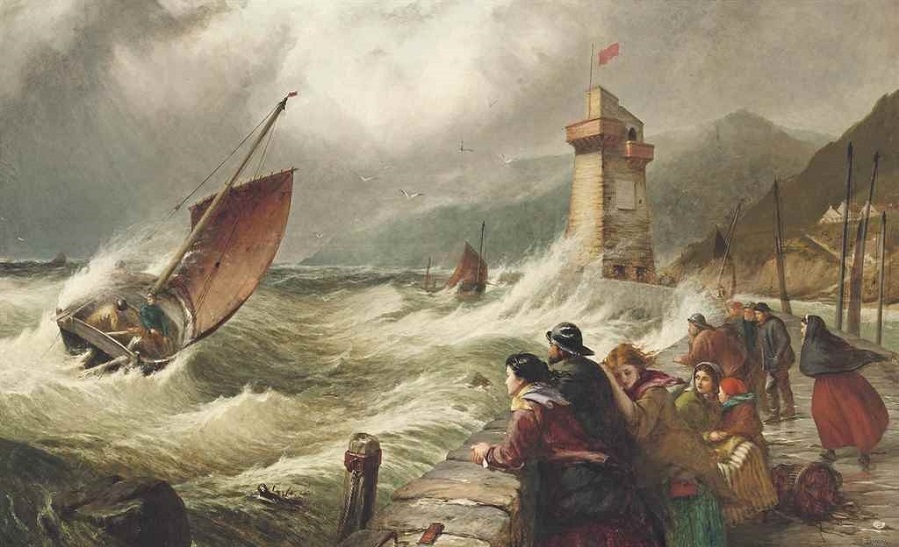 Fishing boats battling their way into Lynmouth, in heavy seas on a full tide, with anxious townsfolk watching from the jetty , 1870.