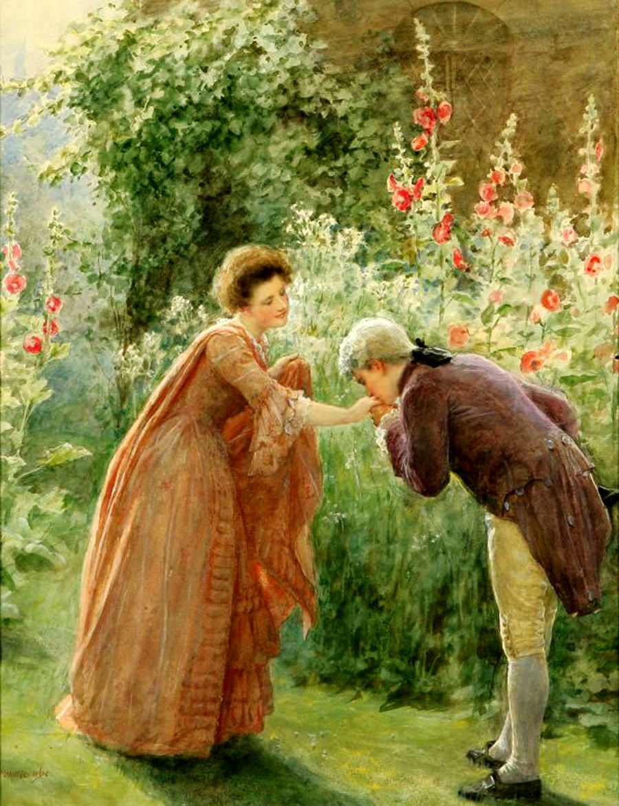 Любовь в 18 веке. Jennie Augusta Brownscombe. Jennie Augusta Brownscombe (American, 1850-1936). Кавалер целует руку даме. Поцелуй руки в живописи.