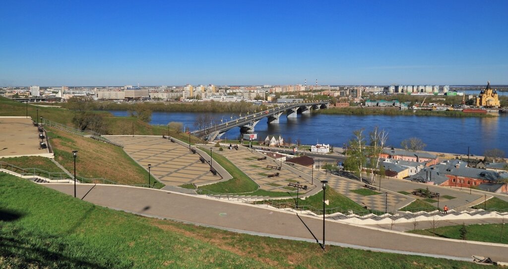 Вид на Оку и Канавинский мост с откоса на набережной Федоровского, Нижний Новгород