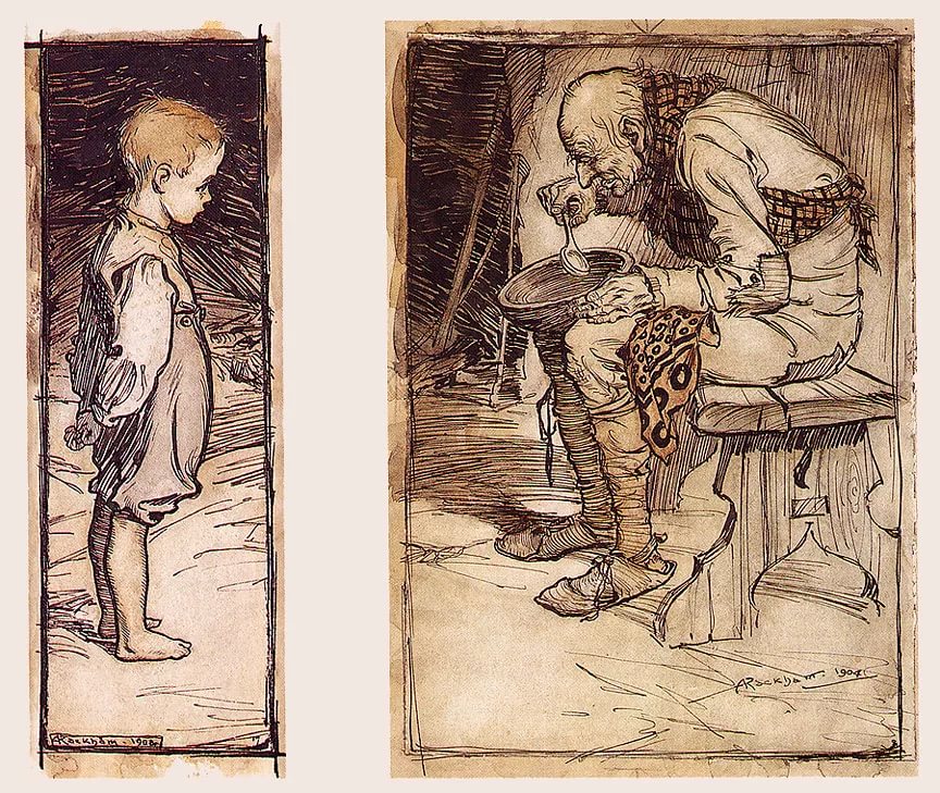Лев толстой внучок. Старый дед и внучек братья Гримм. Иллюстрации в старых книгах. Старинные иллюстрации.