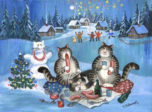 Красивая открытка с Новым годом кота и кролика
